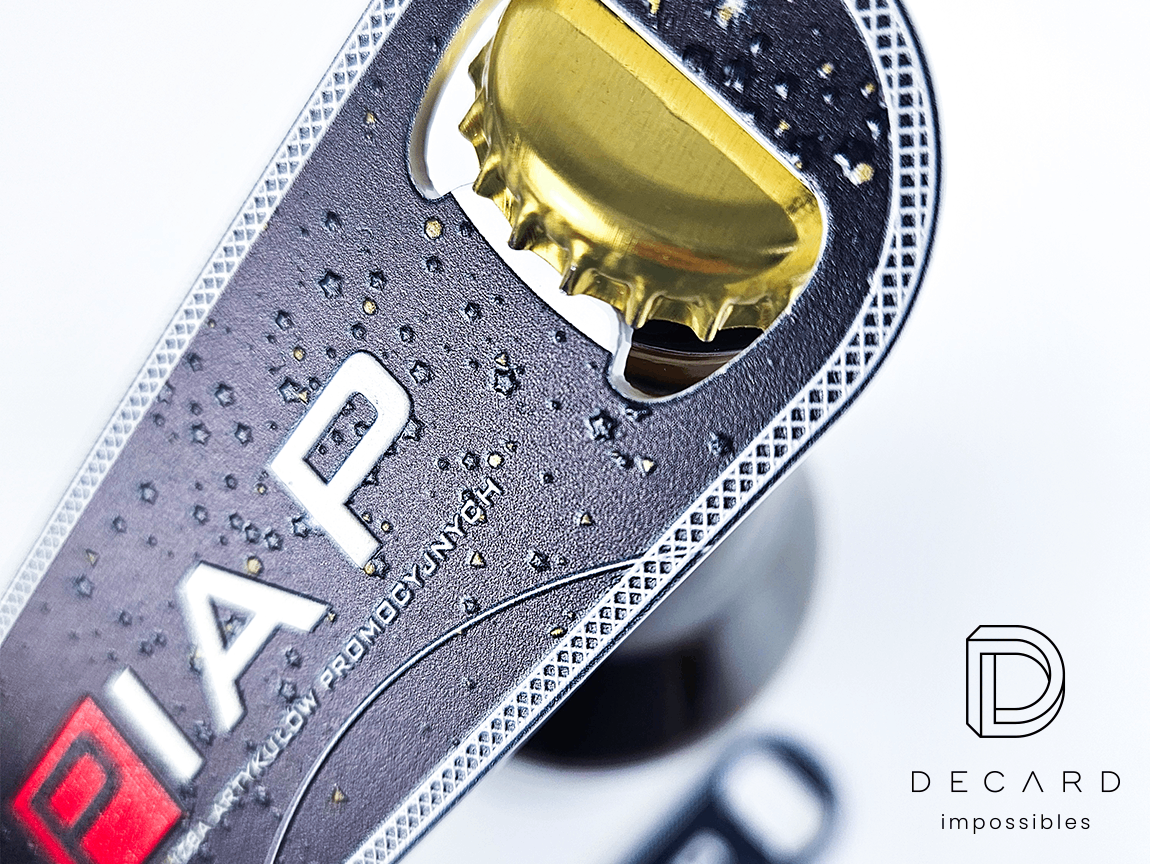 Bar opener, with 3D texture, for PIAP, custom, personalized, made of metal, Polish manufacturer DECARD.
