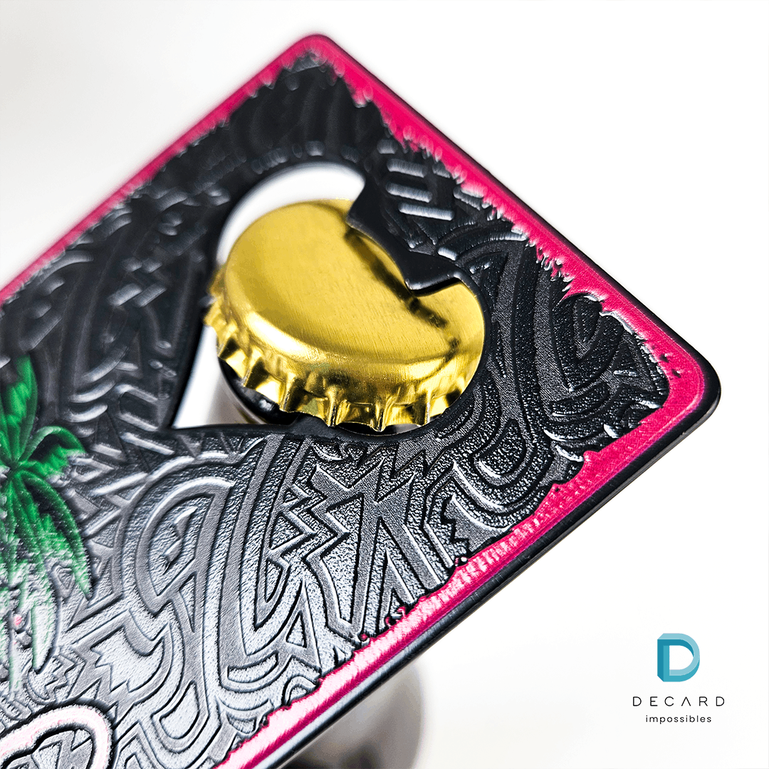 Bottle opener card, metal, 3d printing, vivid colors, Polish manufacturer DECARD