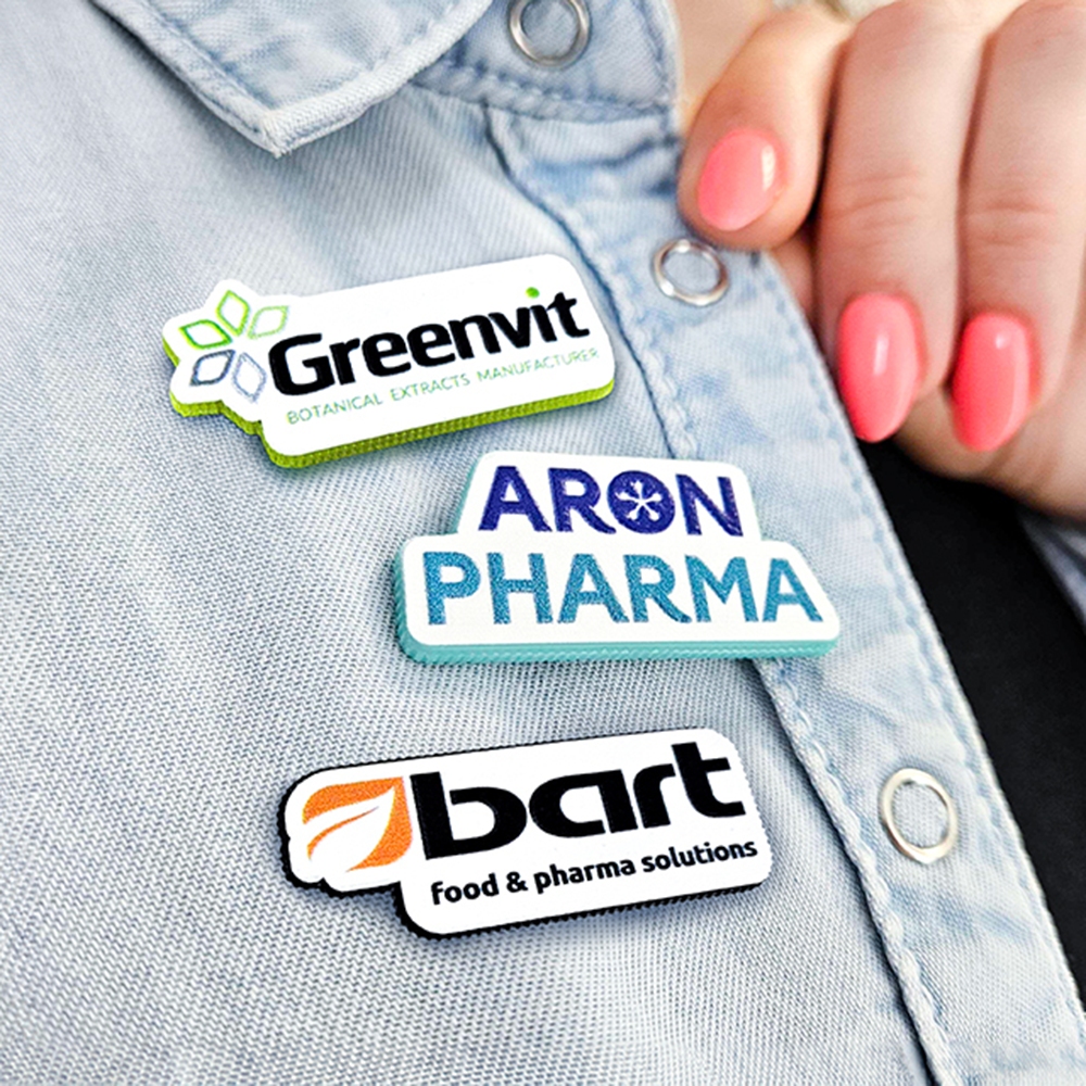 Company pins, hard resin, 3D texture, vivid colors, Polish manufacturer DECARD