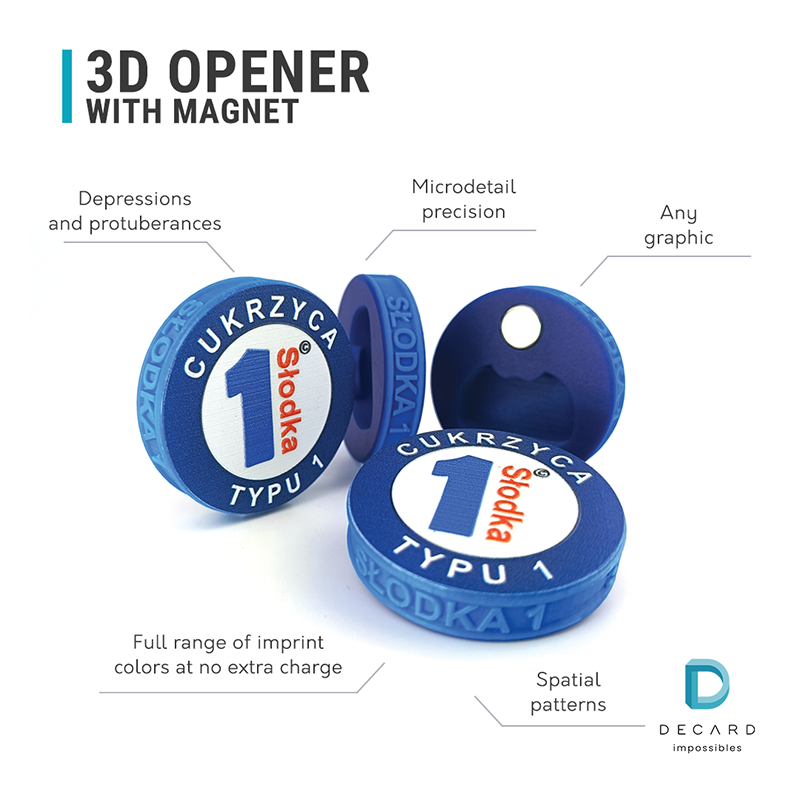 3D opener with magnet, made of hard resin in any color, manufacturer DECARD