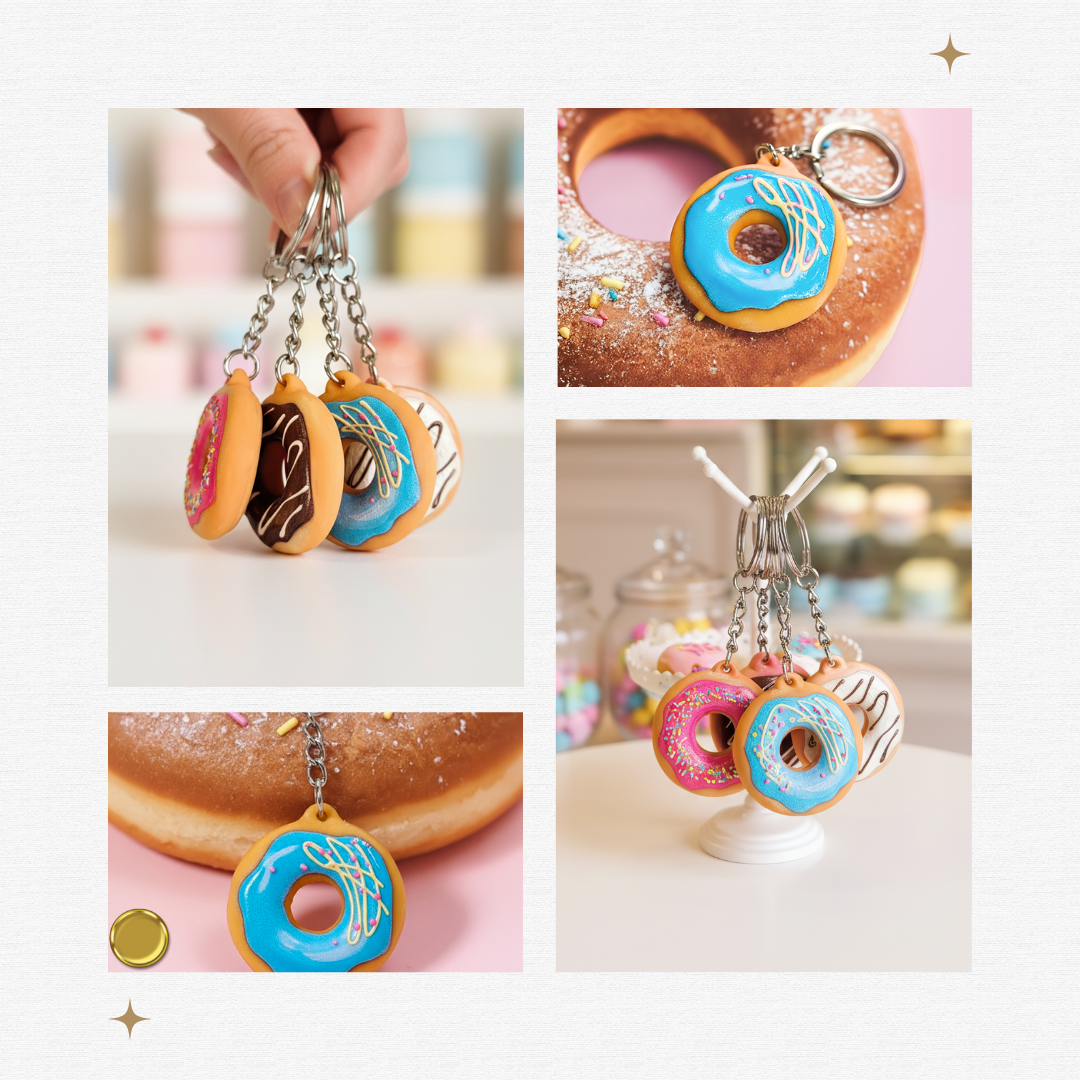 3D keychains shaped like donuts and pastries, made of hard resin, by Polish manufacturer Decard