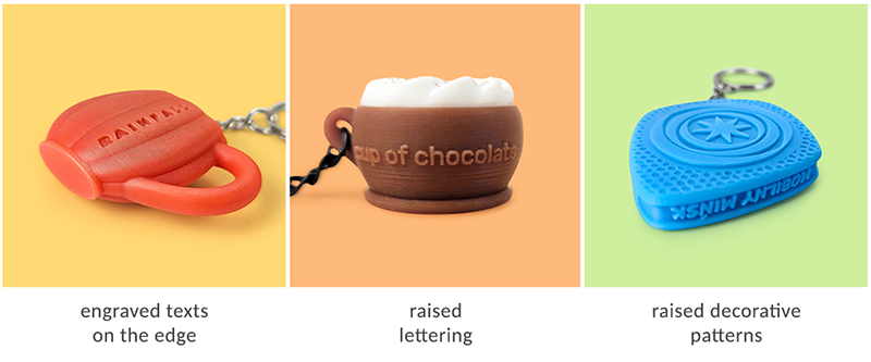 3D keychains, with convex logo, concave decorative patterns on the back, edges, Polish manufacturer DECARD