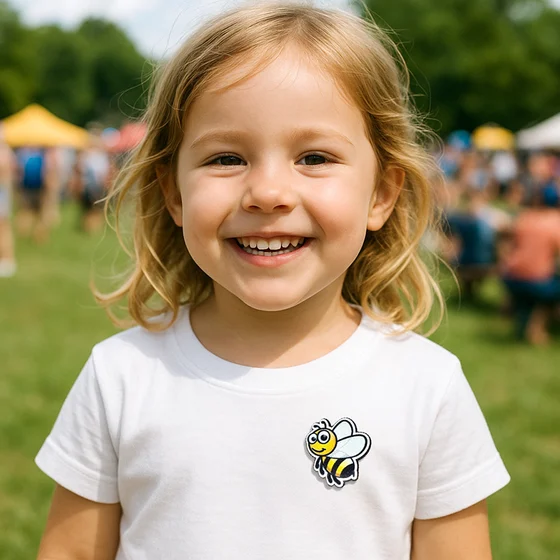 Bee pins at a children's event, Polish manufacturer DECARD