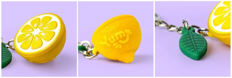 3D keychain lemon, vibrant colors, raised inscriptions, lemon peel imitation, Polish manufacturer DECARD