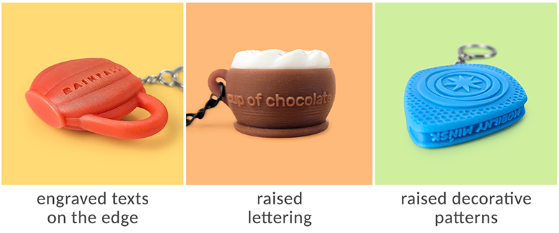 3D keychains, with convex logo, concave decorative patterns on the back, edges, Polish manufacturer DECARD