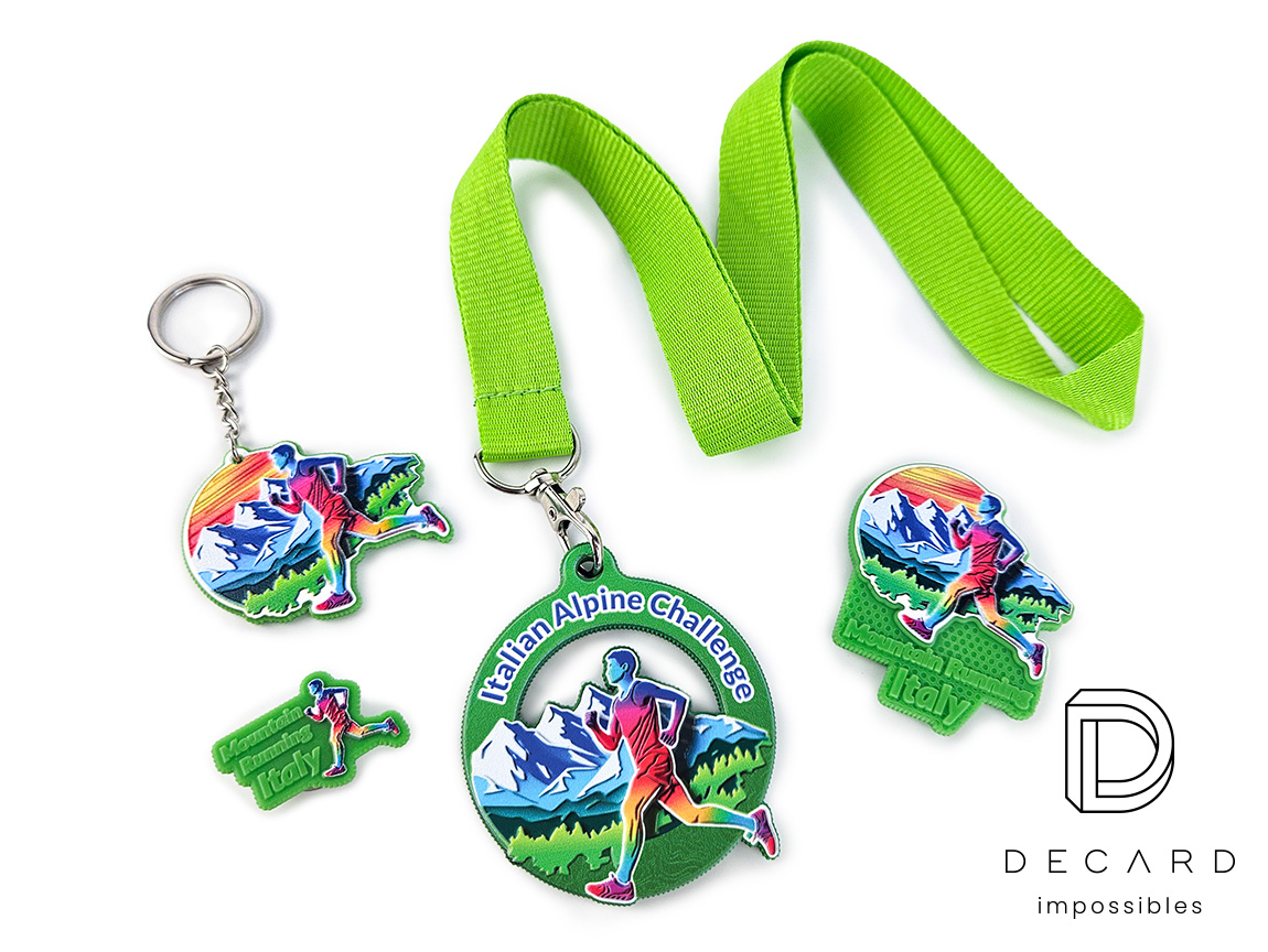 A set of personalized gadgets, key rings, magnets, medals, badges, Polish manufacturer DECARD