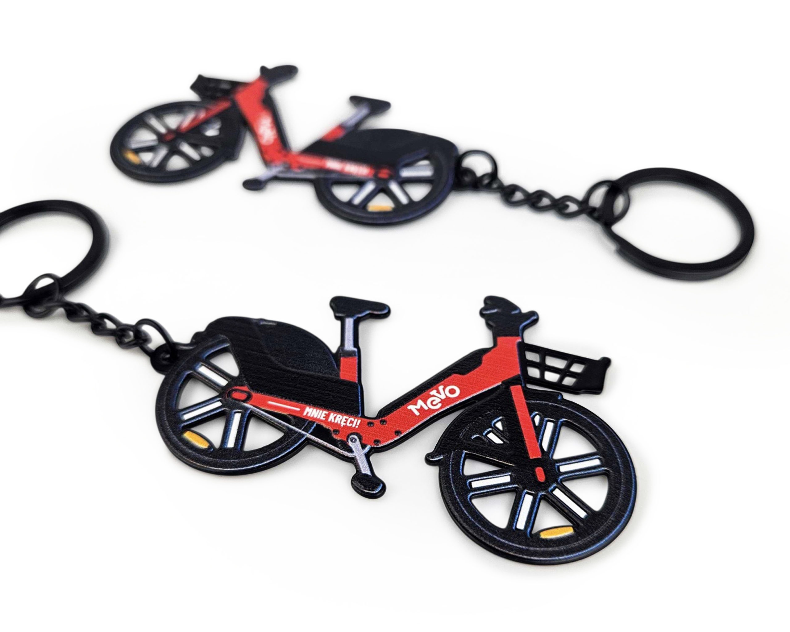 Glossy metal keychains, MEVO bicycle, Polish manufacturer DECARD