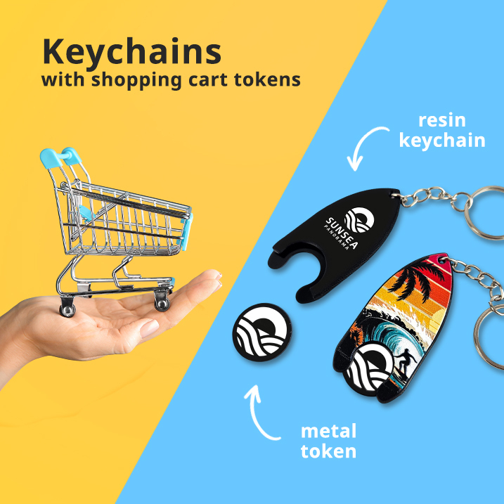 Keyrings with trolley tokens, made of hard resin, Polish manufacturer DECARD