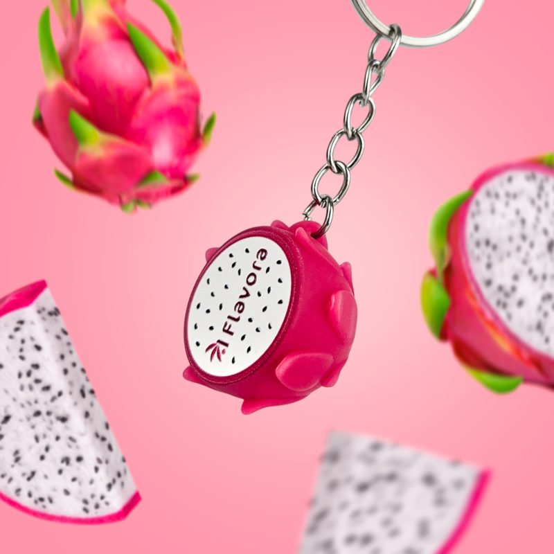 3D dragon fruit keychains, vivid colors, convex elements, Polish manufacturer DECARD