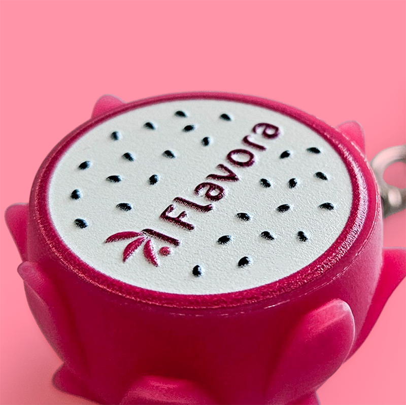 3D pitaya keychain, raised black dots of pulp and logo, Polish manufacturer DECARD
