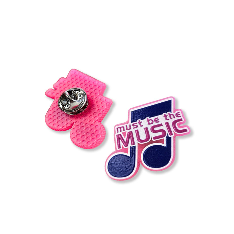 Musical note pin for POLSAT TV, with must be the music logo, hard resin, vivid colors, Polish manufacturer DECARD