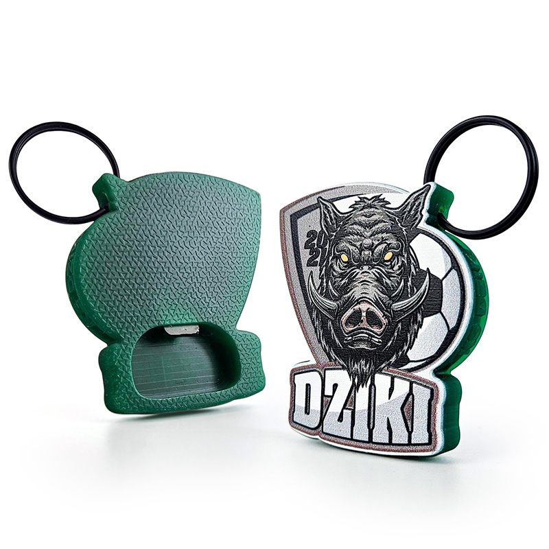 Keychains with opener function, 3D, wild boar logo, for a sports club, 3D inscriptions on the edges. Polish manufacturer DECARD