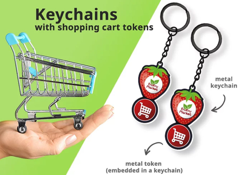 Keychains with shopping cart tokens, metal, any shape and color, custom 3D graphics, Polish manufacturer DECARD