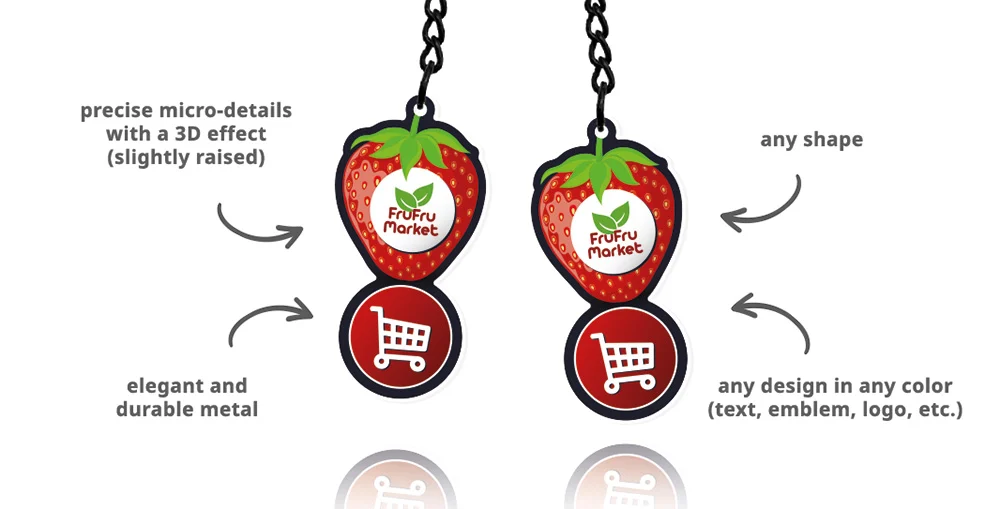 Metal keychains with shopping cart tokens, strawberry shape, for the food industry, Polish manufacturer DECARD