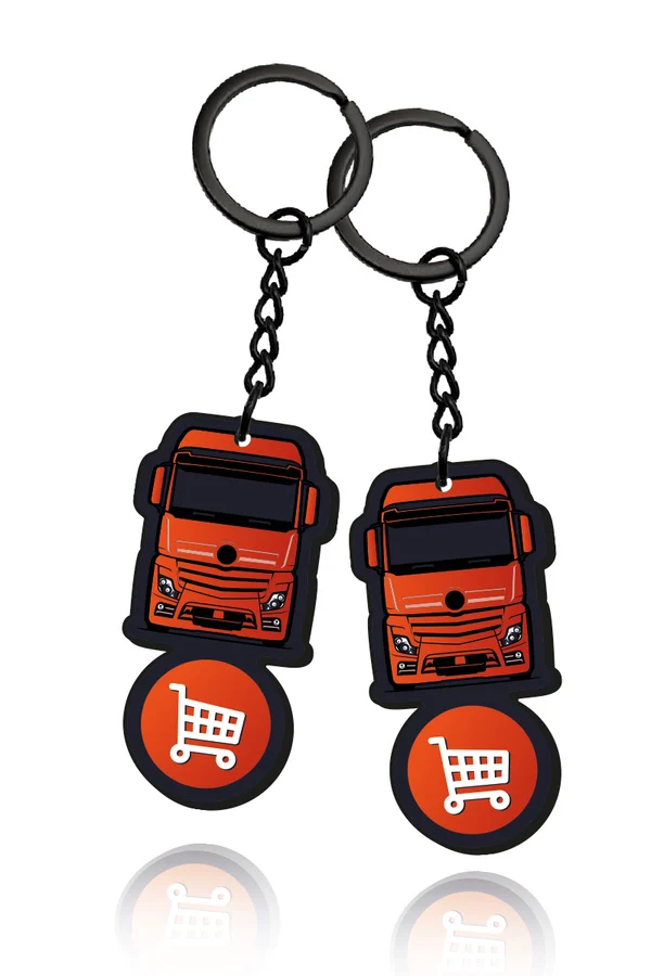 Metal keychains with shopping cart token, truck shape, for transport or logistics companies, Polish manufacturer DECARD