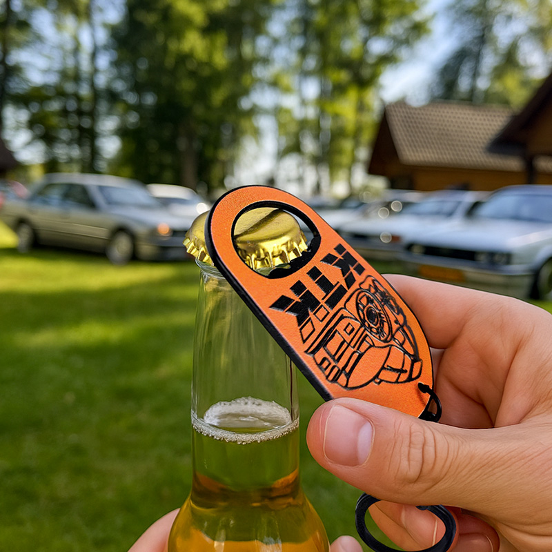 Metal keychain with a bottle-opener function, made for the Kadett Tuning Club meet-up, Polish manufacturer DECARD