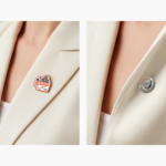 Elegant custom logo badge pin on a women’s blazer, secured with a safe and comfortable magnetic fastener