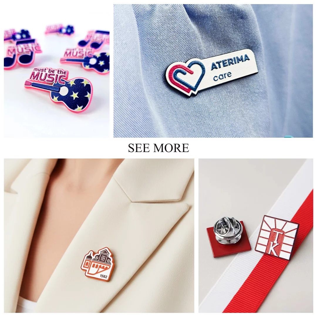 Custom magnetic badge pin with any color, shape, and 3D embossed design, Polish manufacturer DECARD