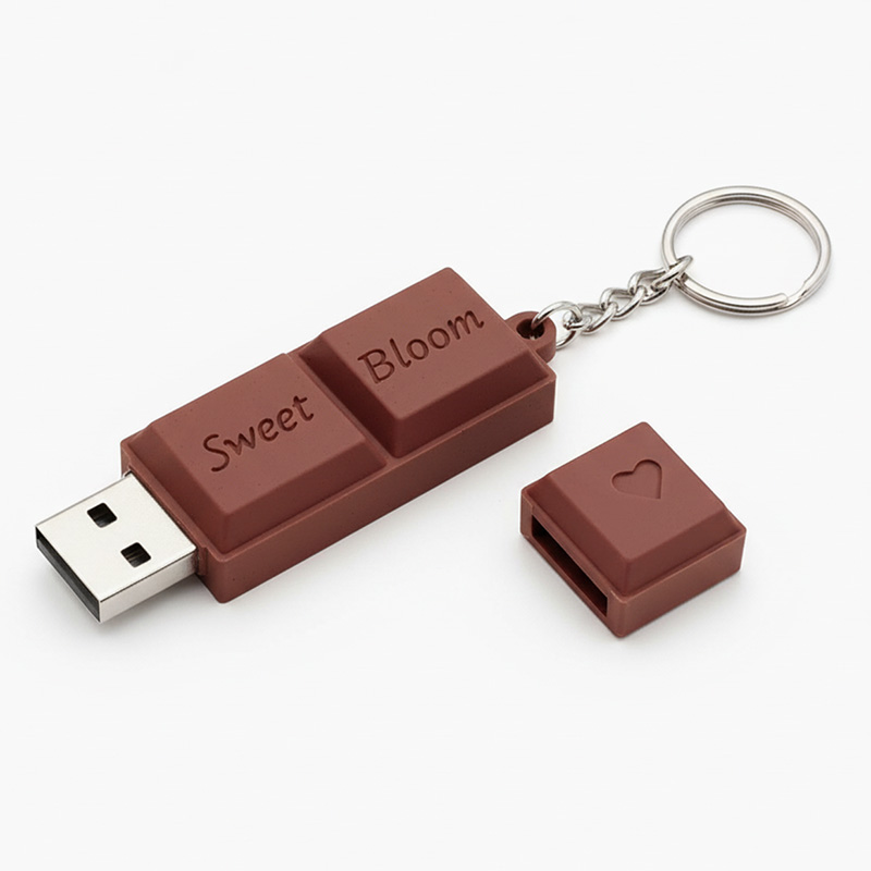 A 3D USB pendrive shaped like a milk chocolate bar with the recessed inscription “Sweet Bloom.” The cap features a recessed heart, and it comes with a metal keyring. The chocolate texture is realistically detailed. Designed by the Polish manufacturer DECARD