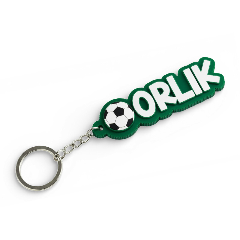 3D keychain with the text "Orlik", sports-themed, featuring a football, white and green, Polish producer DECARD