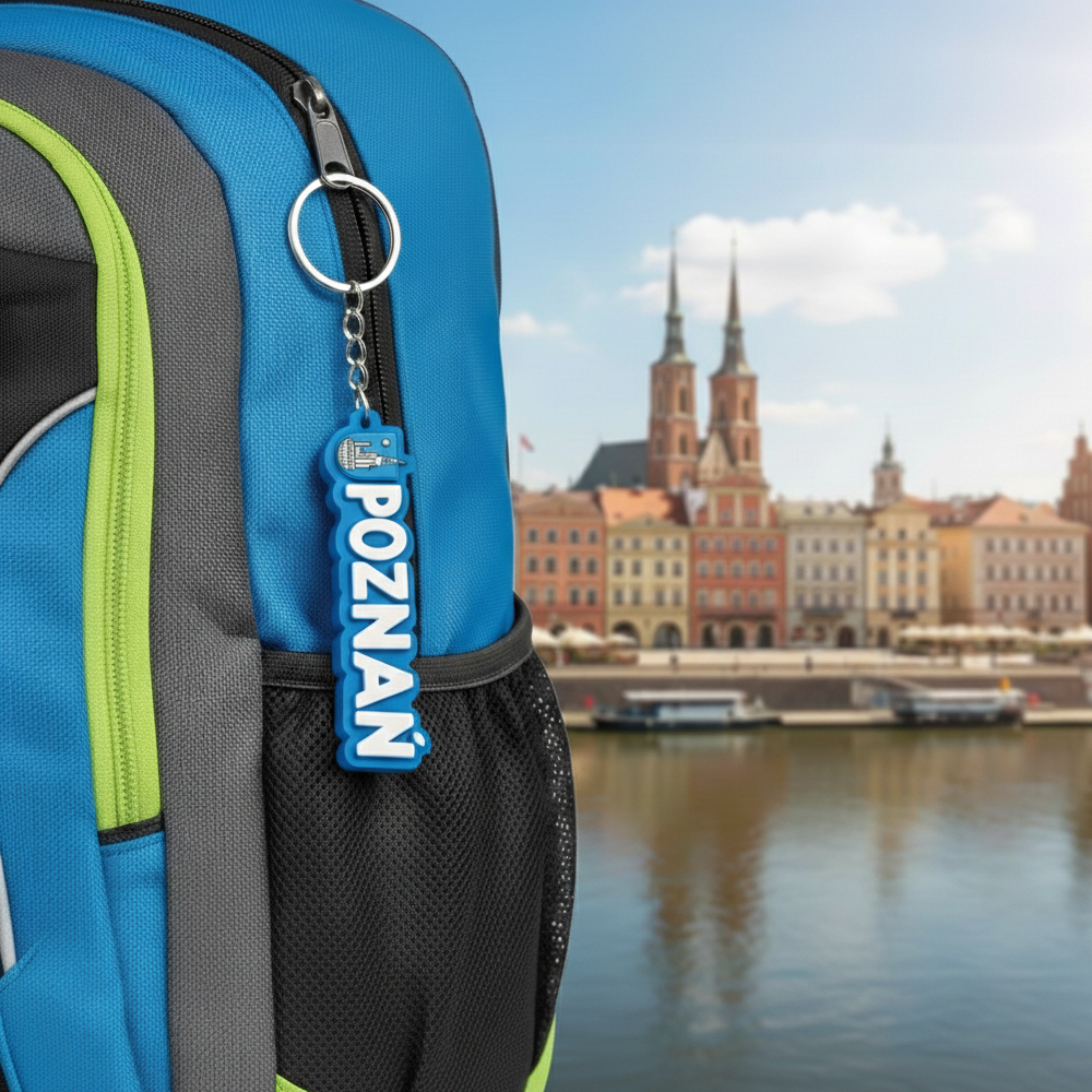 3D keychain with the text "Poznań", featuring a cityscape background, Polish producer DECARD