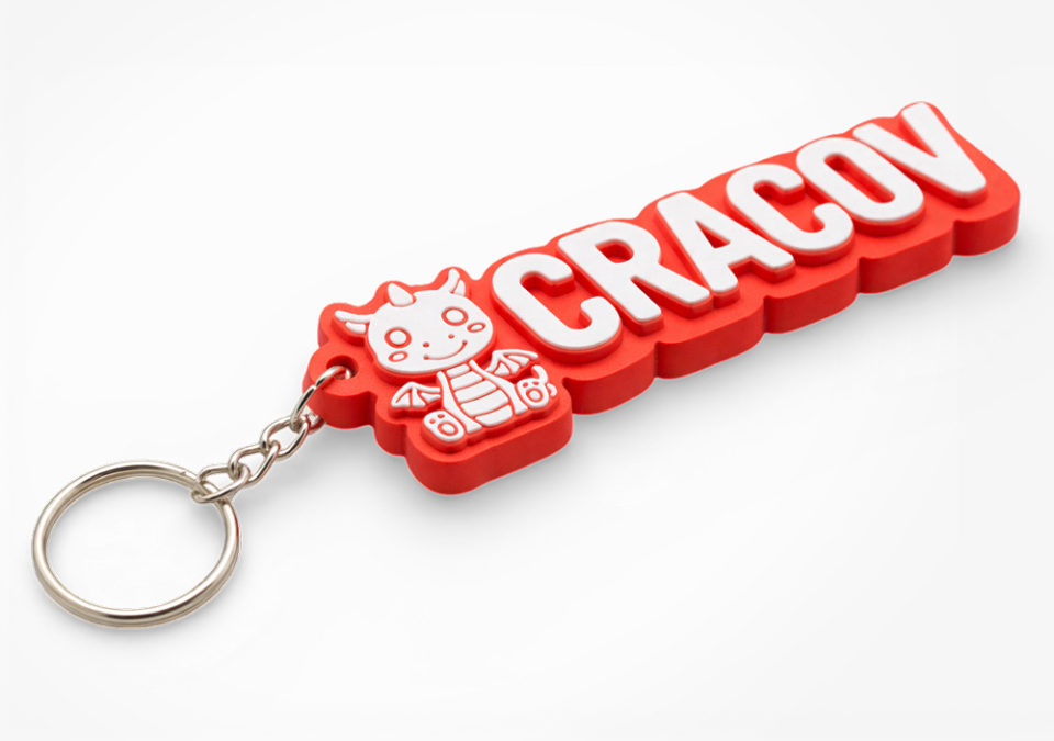 3D keychain with the text "Cracov" and a dragon, white and red, Polish producer DECARD