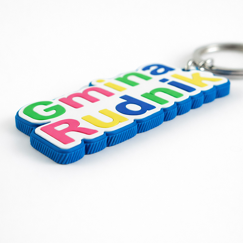 3D keychain with the text "Rudnik Municipality", hard resin, colorful print, Polish producer DECARD