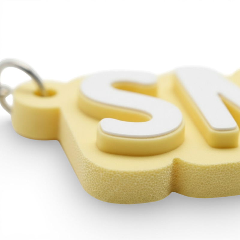 3D keychain with the text "Smile", yellow and white, close-up on raised lettering, Polish producer DECARD