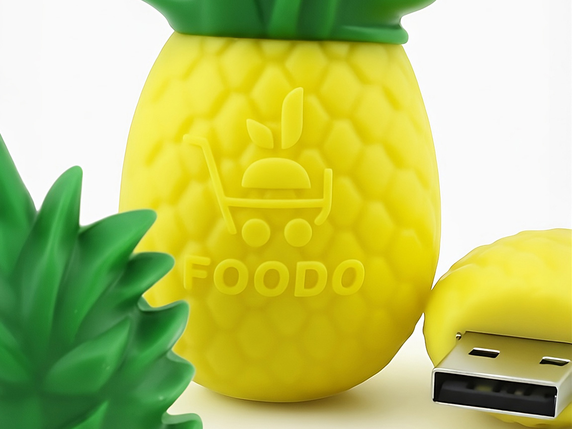 aPineapple USB flash drive, close-up of the raised FOODO logo, Polish manufacturer DECARD