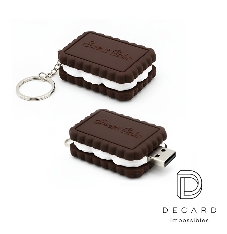 Keychain USB flash drive, black cookie biscuit with logo and white filling, hard and lightweight resin, Polish manufacturer DECARD
