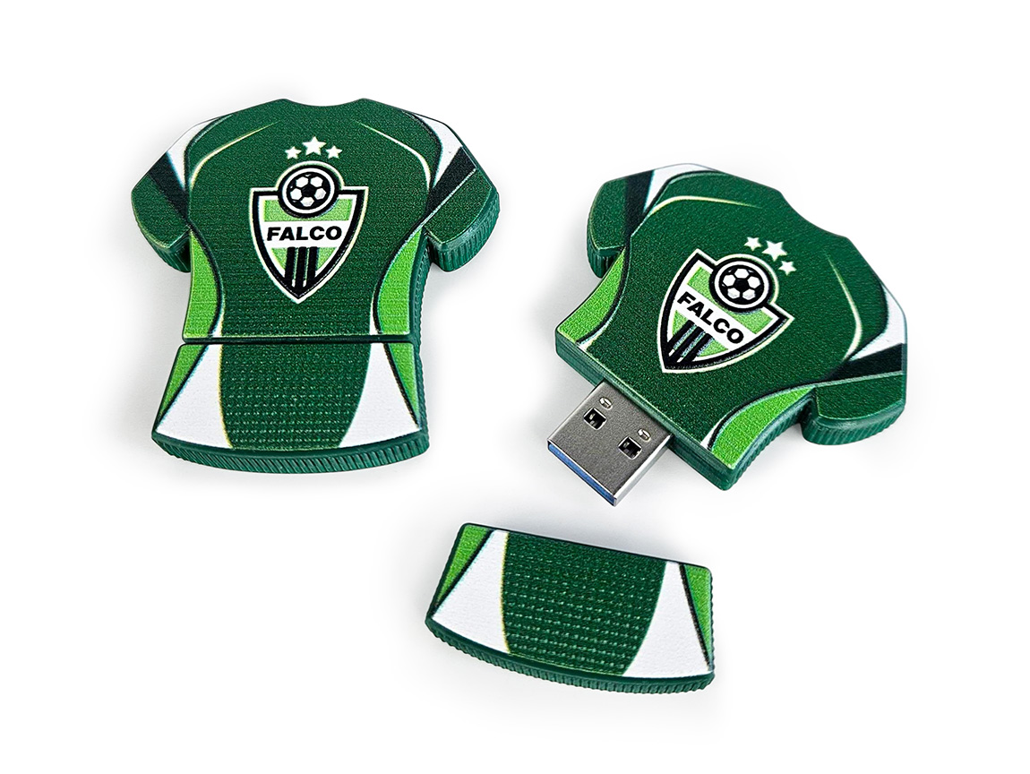 Club jersey–shaped USB flash drive, with a cap and logo, hard and lightweight resin, Polish manufacturer DECARD