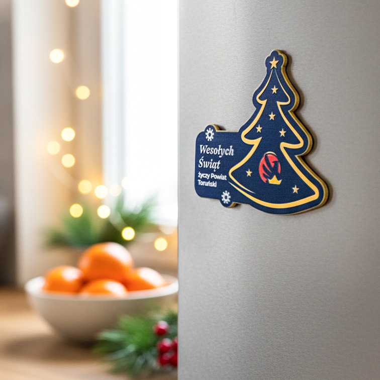 Metal Christmas tree magnet for the Toruń County, made by the Polish manufacturer DECARD