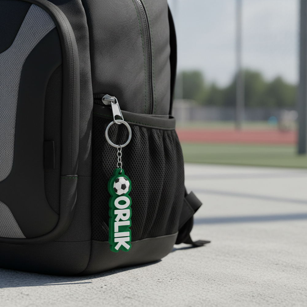 3D keychain with the text "Orlik", sports-themed, featuring a football, white and green, on a backpack, Polish producer DECARD