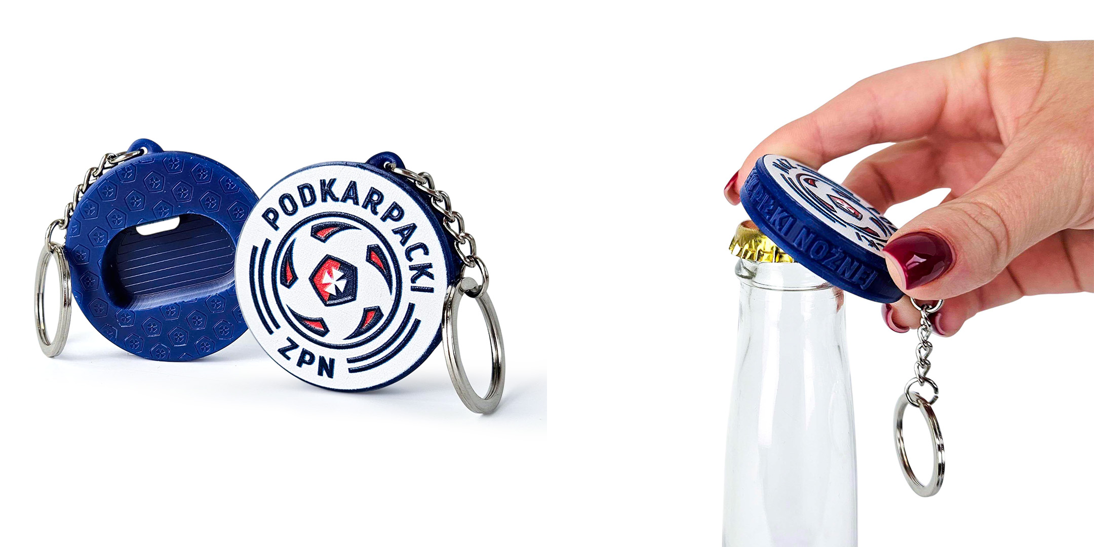 DECARD 3D keychain and bottle opener for ZPN, hard resin with football print and lettering