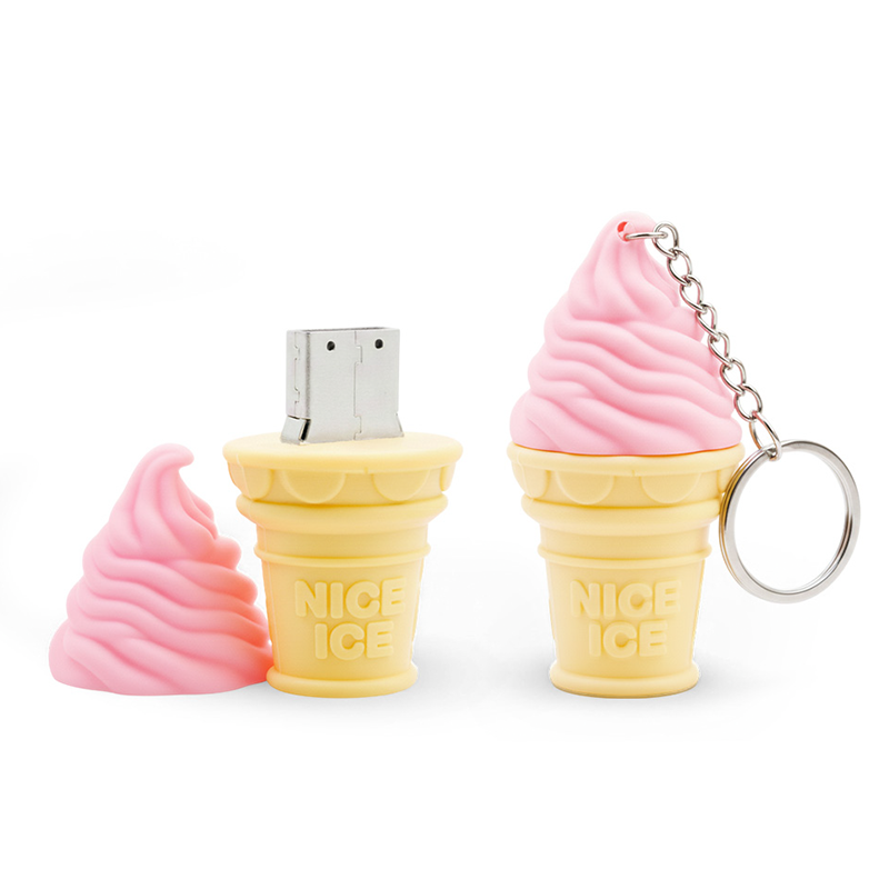 USB flash drive shaped like an ice cream cup, next to a keychain in the same design, hard resin, made by Polish manufacturer DECARD