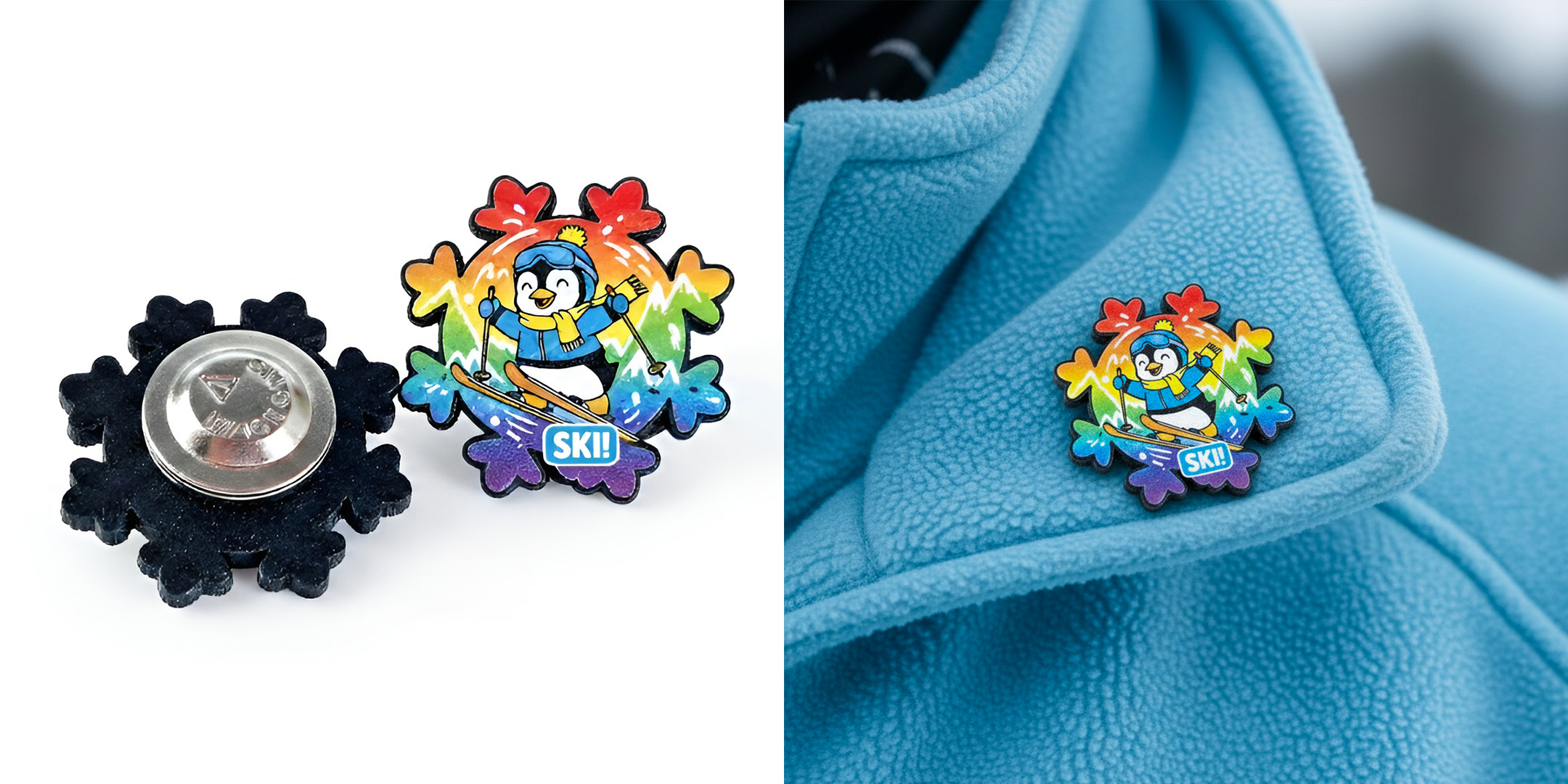 DECARD colorful snowflake pin featuring a skiing penguin, lightweight and mounted on a dedicated card