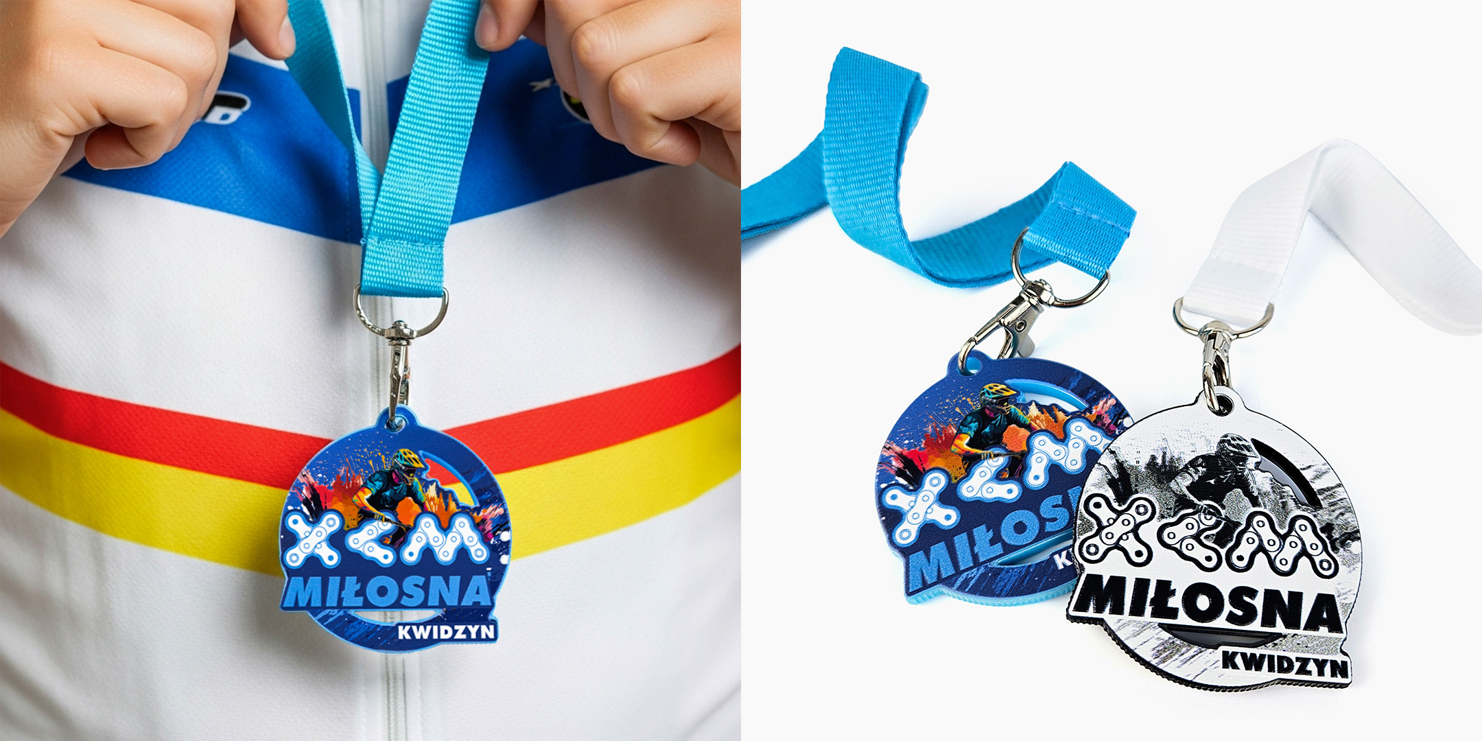 DECARD cycling medals for Miłosna Kwidzyn competition, featuring NFC marking on the back