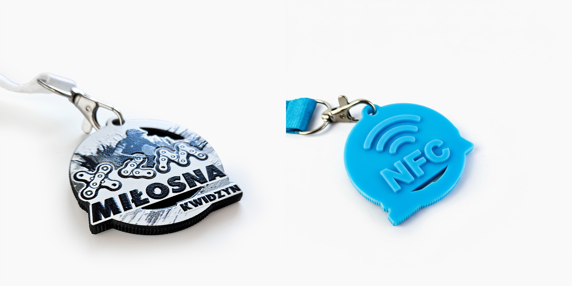 DECARD cycling medals for Miłosna Kwidzyn, crafted from hard, lightweight resin, featuring NFC marking on the back