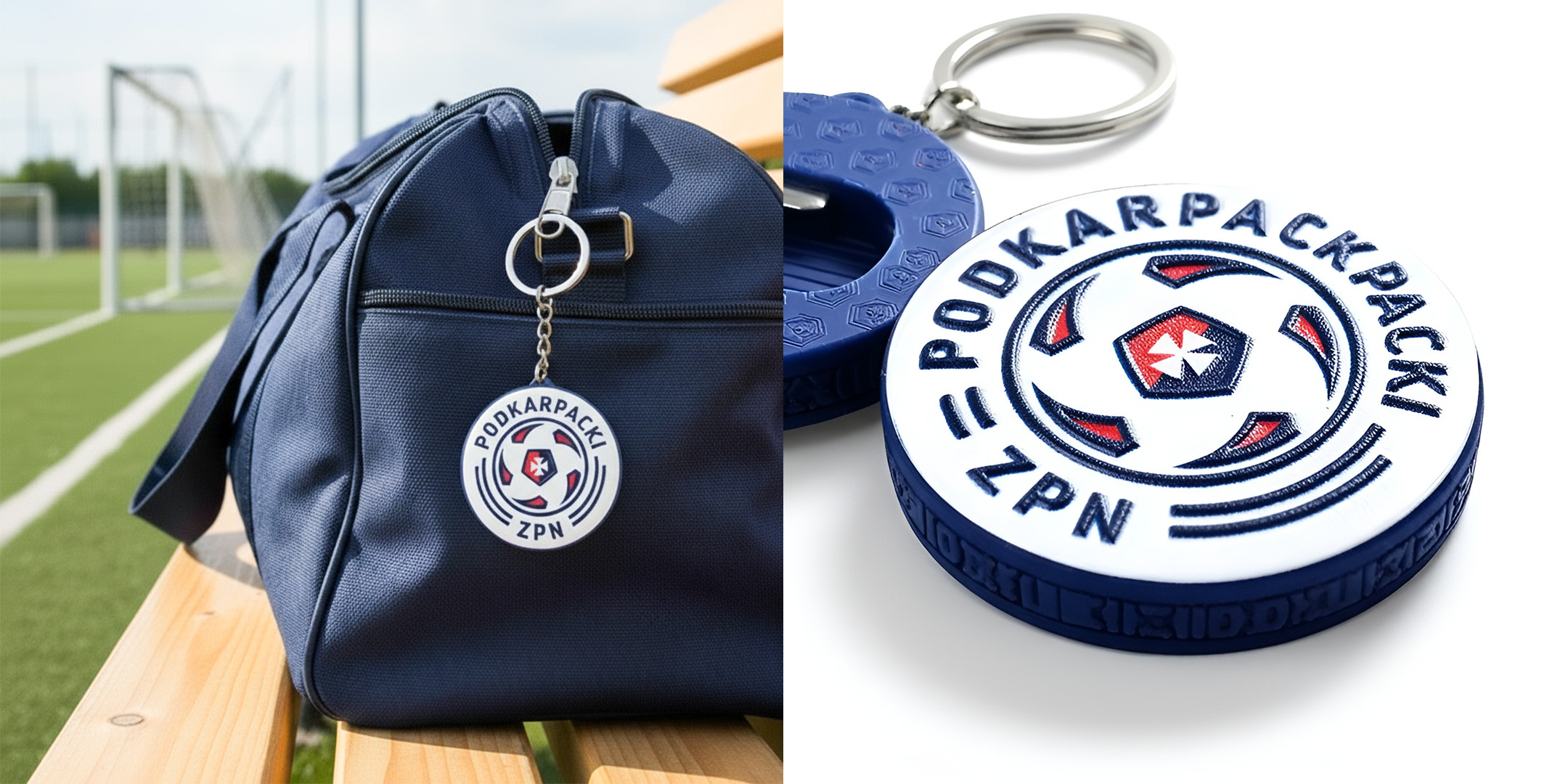 DECARD 3D keychain and bottle opener for ZPN, hard resin with football print and lettering