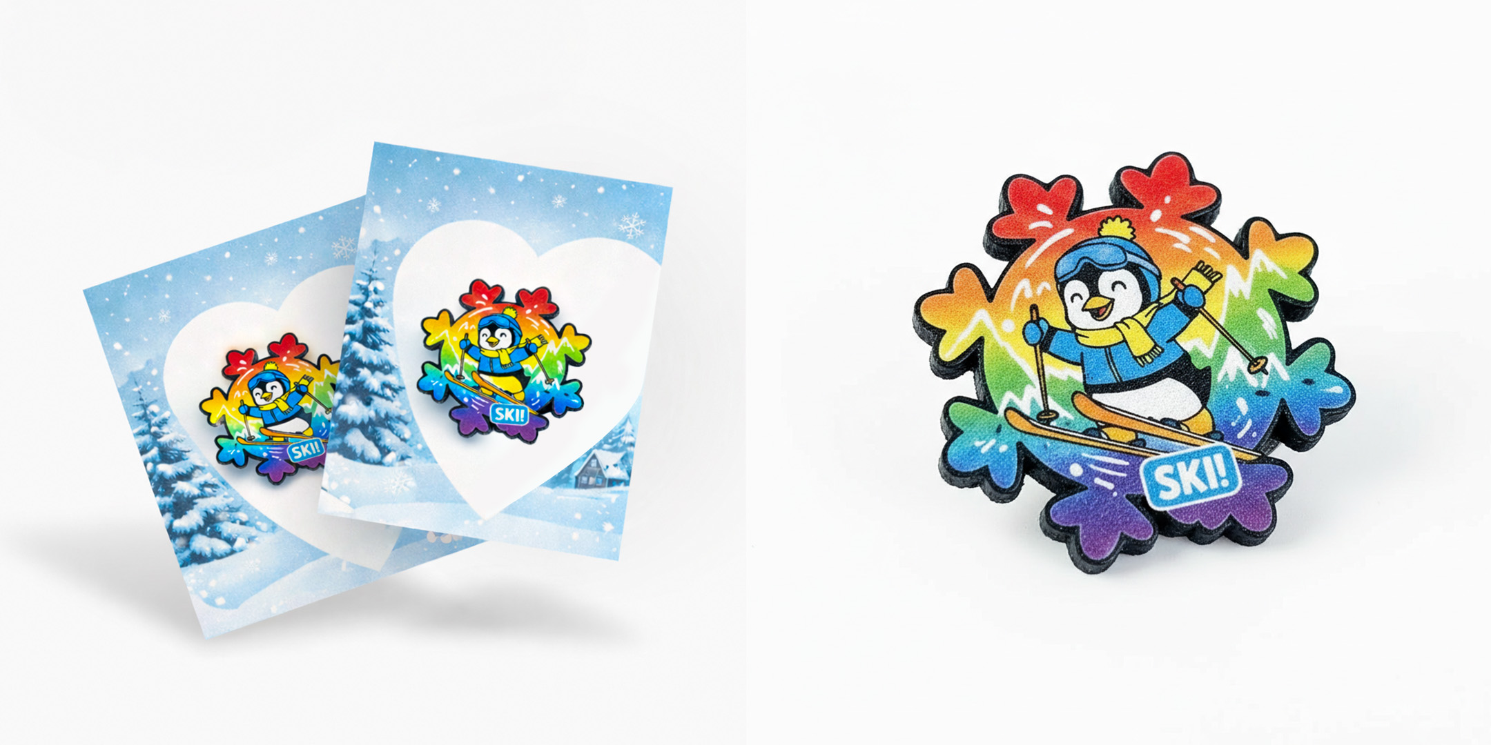 DECARD colorful snowflake pin featuring a skiing penguin, lightweight and mounted on a dedicated card
