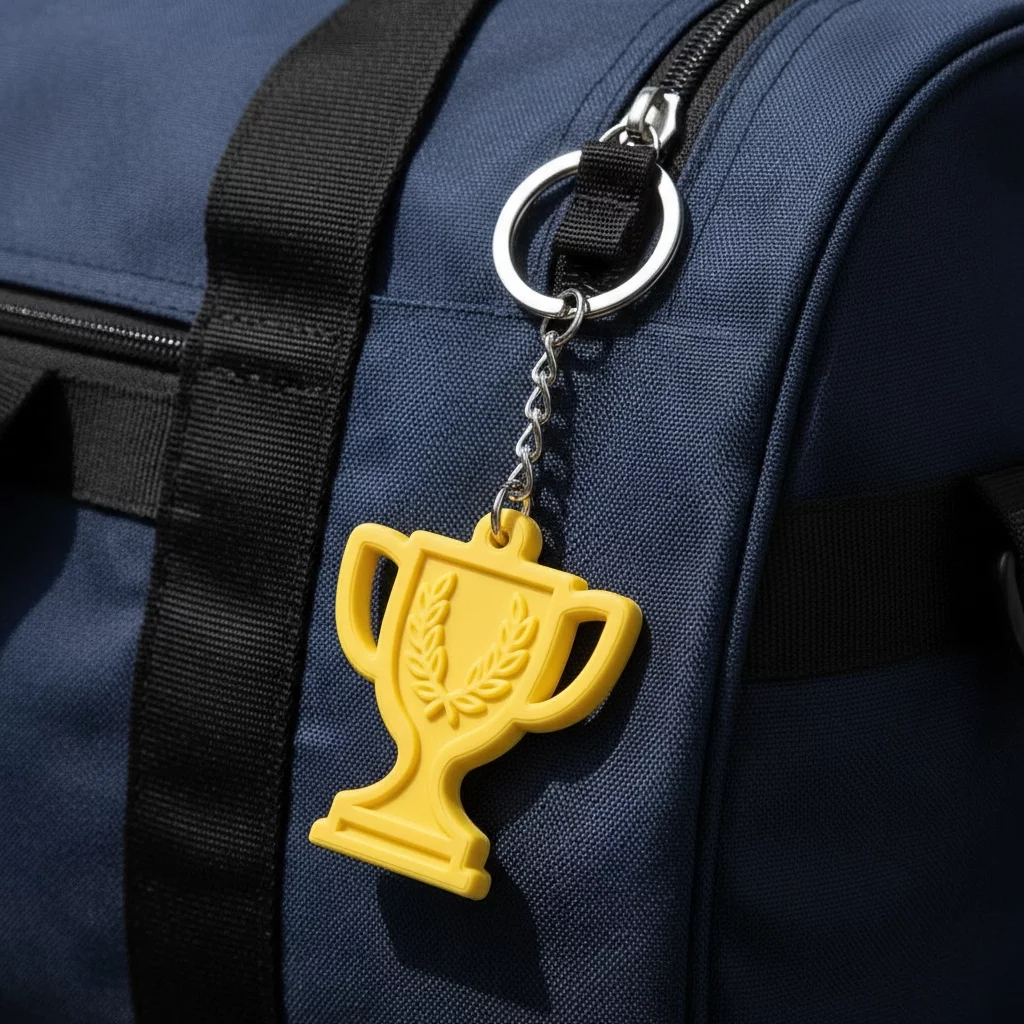 Yellow pastel 3D keychain hanging on a sports bag, hard resin, made by Polish manufacturer DECARD