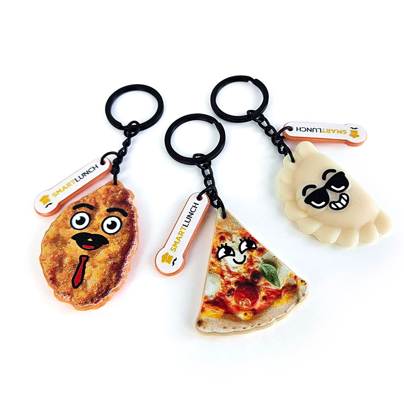 3D keychains, dumpling, breaded pork cutlet and slice of pizza, Polish manufacturer DECARD