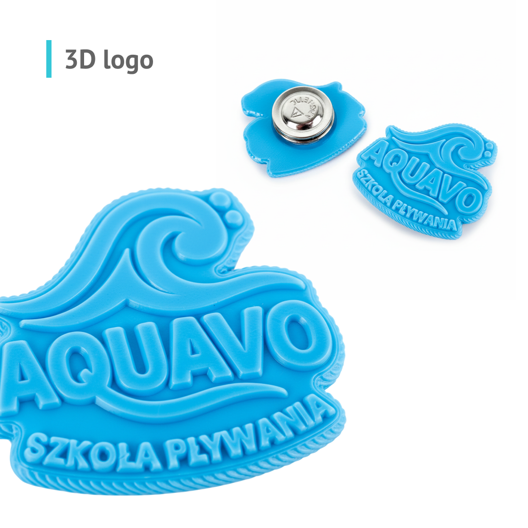 Pastel blue 3D pins, wave-shaped, raised logo, resin, made by Polish manufacturer DECARD