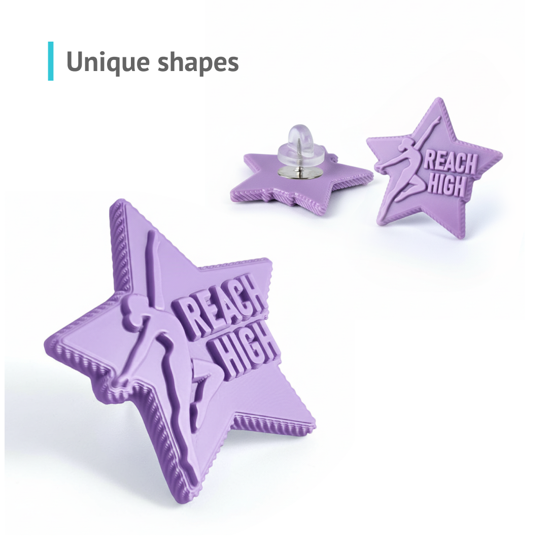 Pastel 3D pins, dancer with logo, star-shaped, hard resin, made by Polish manufacturer DECARD