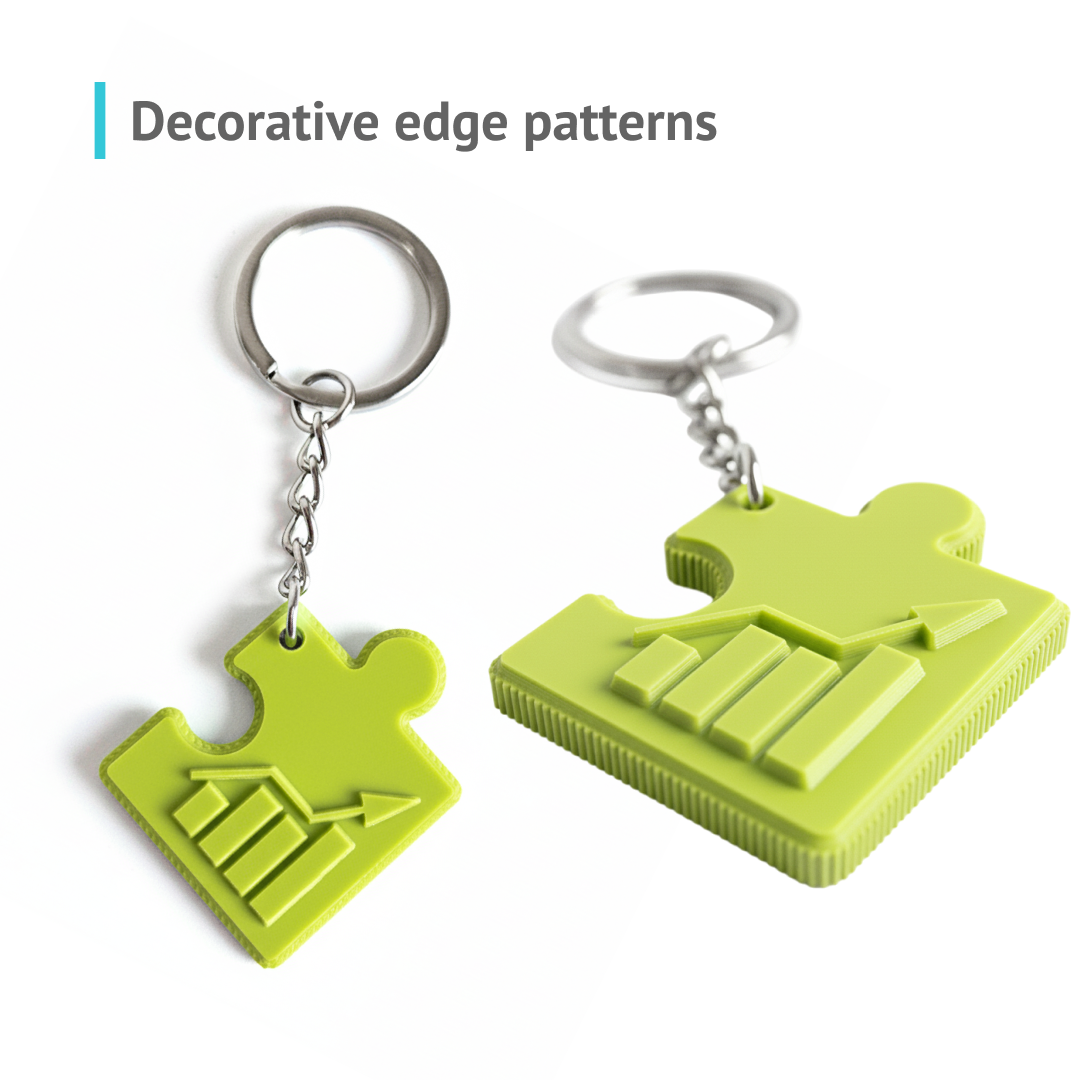 Puzzle keychains, close-up of decorative patterns on the edges, resin, made by Polish manufacturer DECARD