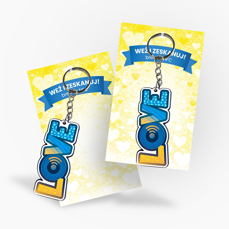 LOVE letter keychains in blue, on a dedicated backing card, made by Polish manufacturer DECARD