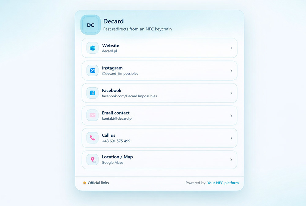 Example of a hub page accessed via an NFC keychain, showing multiple links and marketing option
