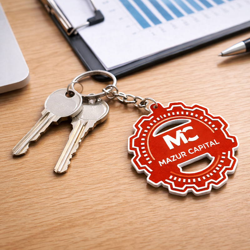 Metal keychain with a cutout, gear shape, with a logo, made by the Polish manufacturer DECARD