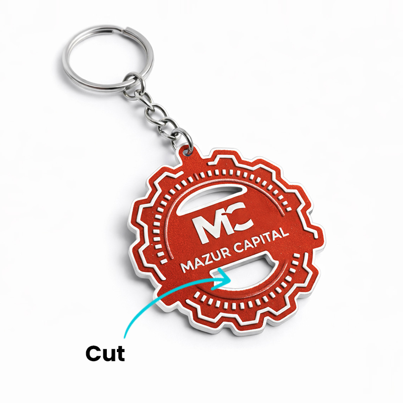 Metal keychain with 2 cutouts, gear shape, with a logo, made by the Polish manufacturer DECARD