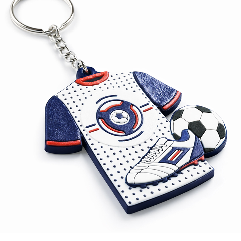 A 3D keychain in the shape of a sports jersey, featuring a raised football and soccer boot in vivid colors, with an NFC tag on the back.